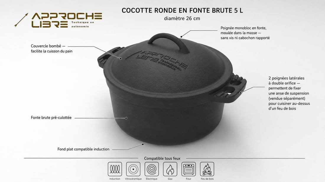 Cocotte en fonte brute polyvalente induction et feu de bois 