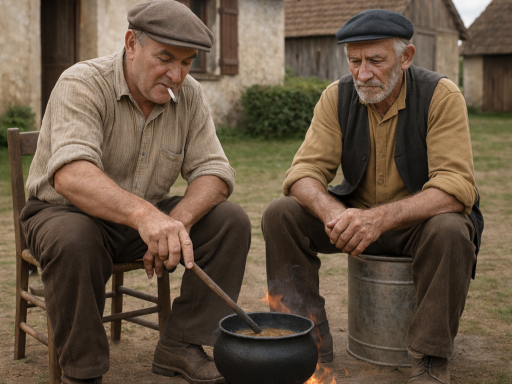 Cuisine au chaudron Française : deux paysans font mijoter un plat traditionnel sur un feu de bois