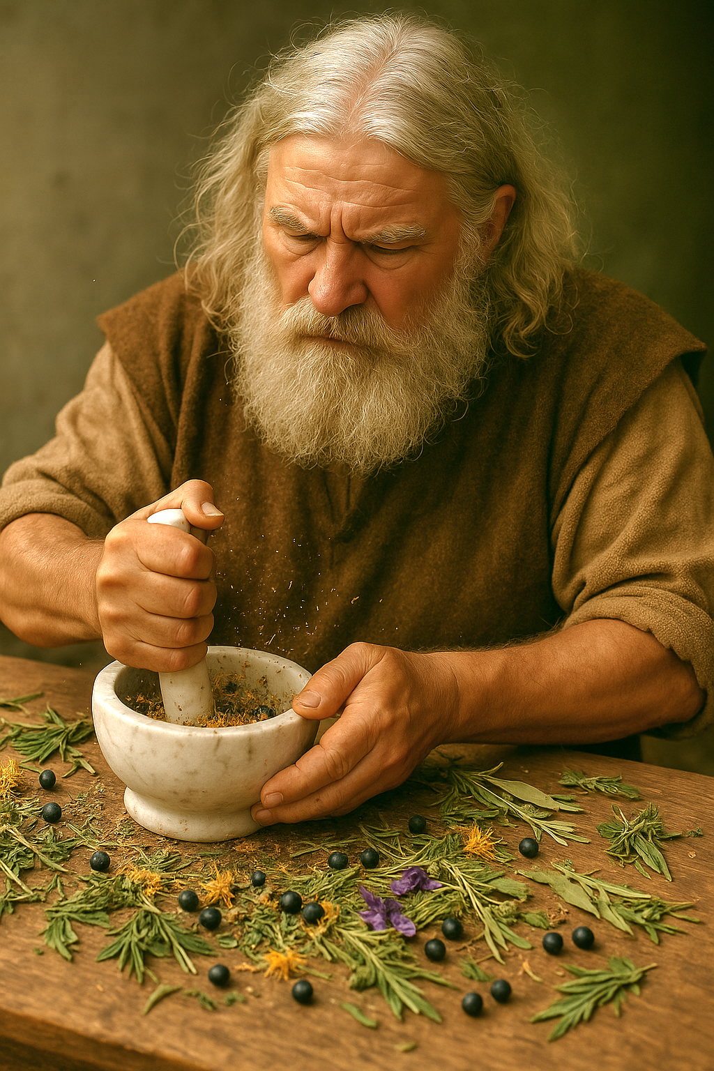 Gaulois préparant le Souffle de Cernunnos, mélange aromatique pour la cuisine au chaudron.