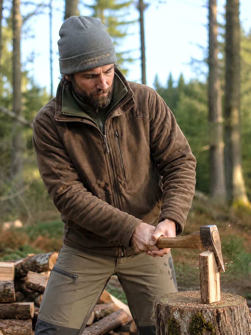 Homme dans la forêt qui porte un bonnet de laine mérinos 100% naturelle.