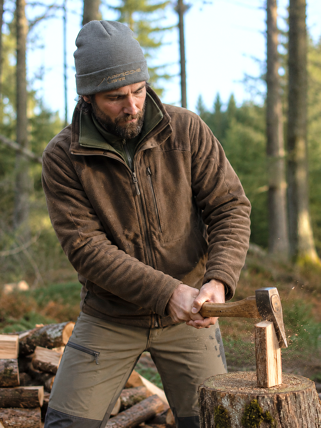 Homme dans la forêt qui porte un bonnet de laine mérinos 100% naturelle.