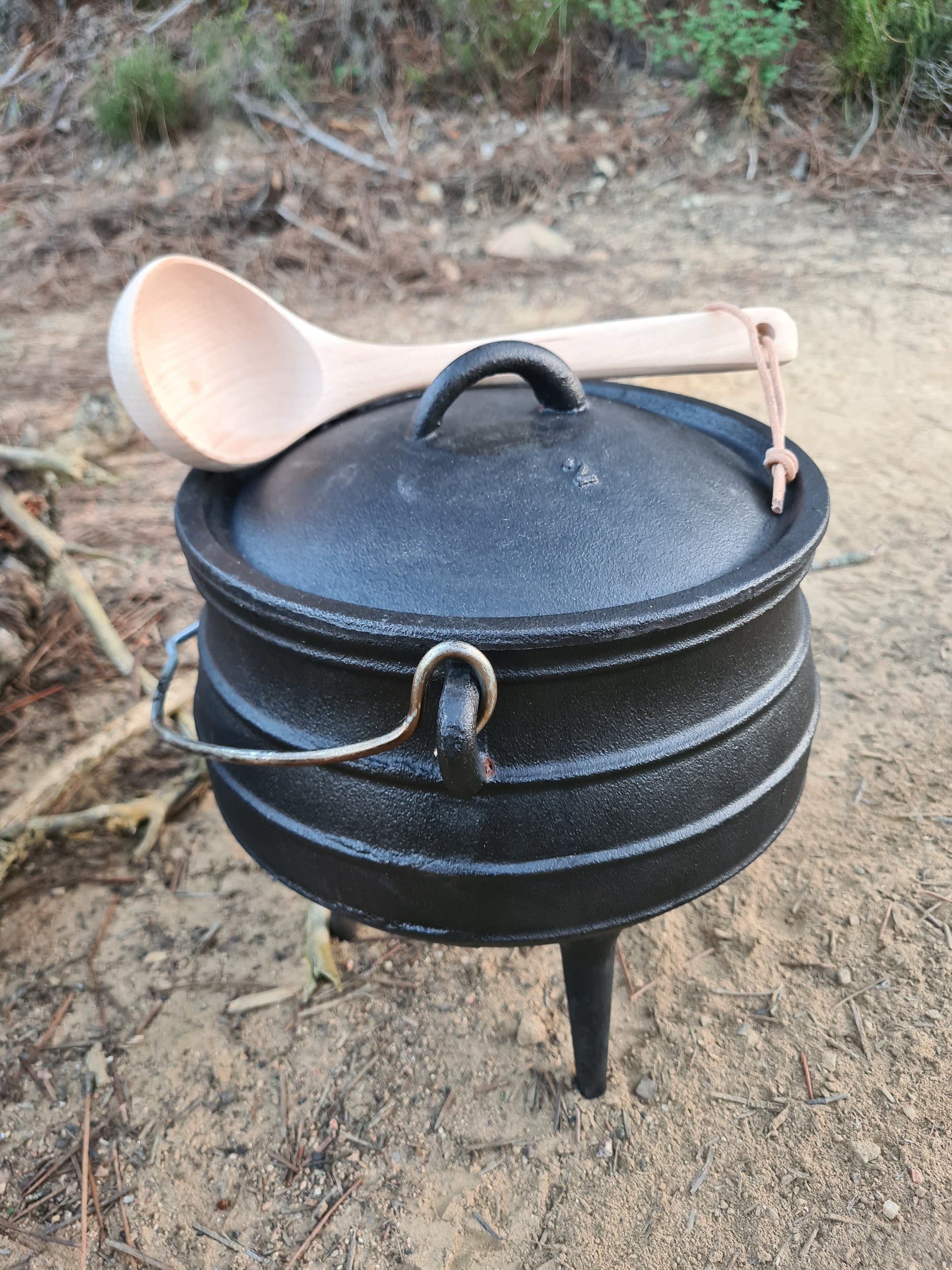 Chaudron et louche en bois.