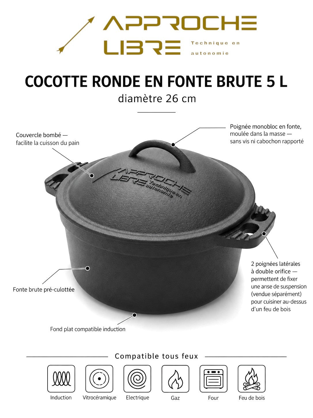 Cocotte en fonte 26 cm de diamètre,  5 litres,  compatible tous feux : induction et feu de bois. 