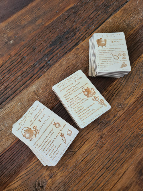 Coffret de 10 Recettes francaises des années 30- Cartes en Bois Gravées pour la Cuisine au Chaudron